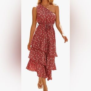 Red Floral One-Shoulder Ruffle Belted Midi Dress